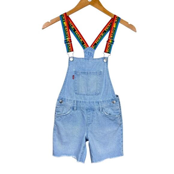 Levi’s Youth Girls Rainbow Light Wash Denim Cut Off Jean Shortalls Overalls - Picture 1 of 7